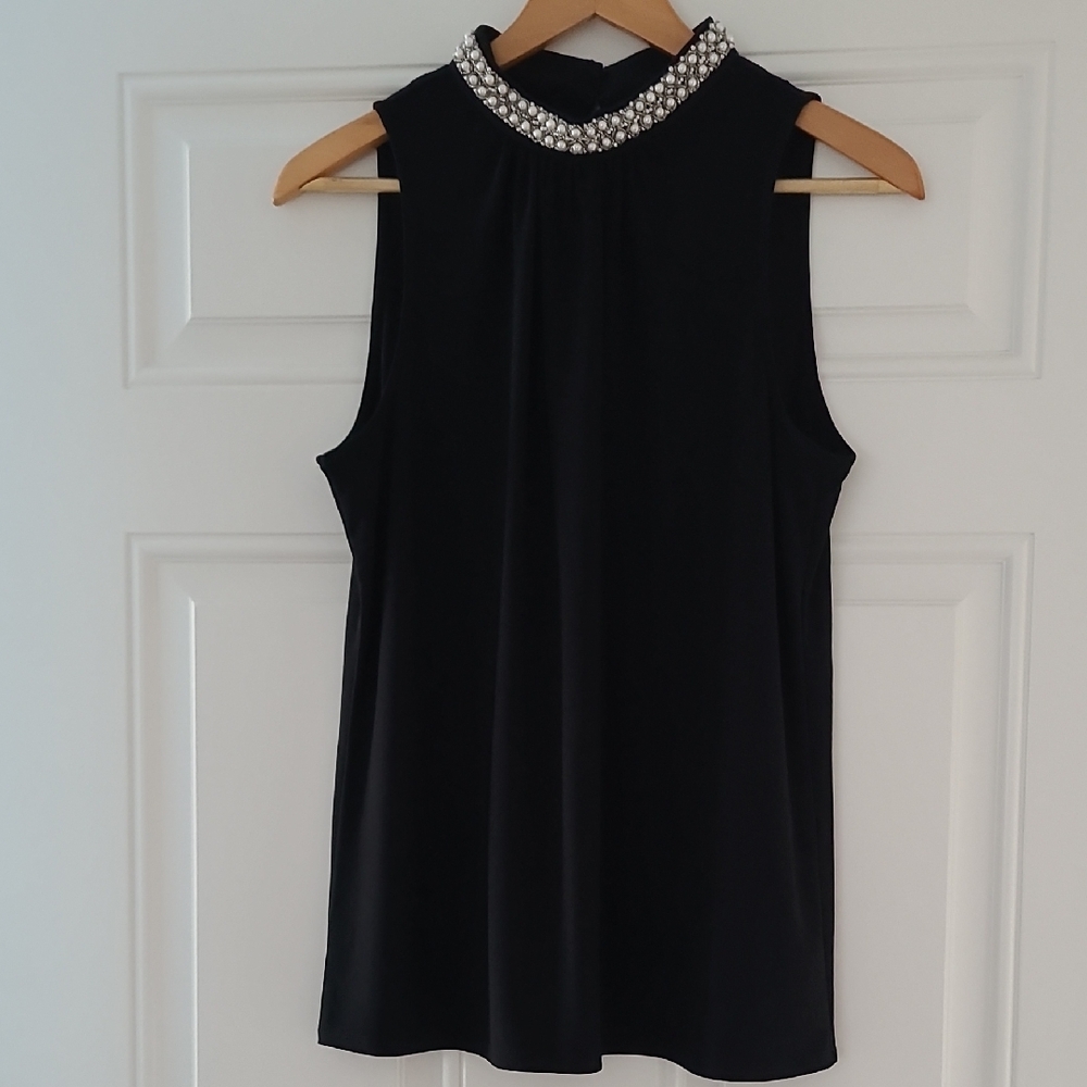White House Black Market Jersey Knit Black Top with Pearl Embellished Collar